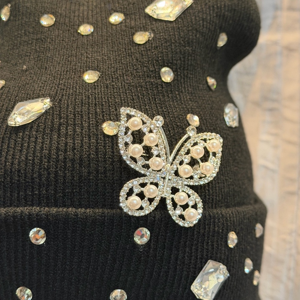 Embellished Black Beanie with Butterfly Detail - Picture 5 of 11